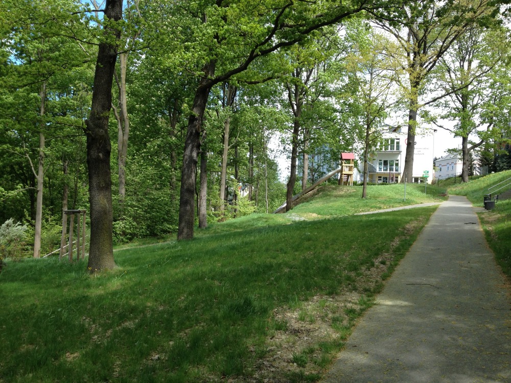 Hanglage. Links dichte Bäume auf Wiese. Rechts Weg mit langer Rutsche und Wohngebäude
