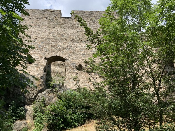 Burgruinenmauer mit vergittertem Durchgang hinter Bäumen