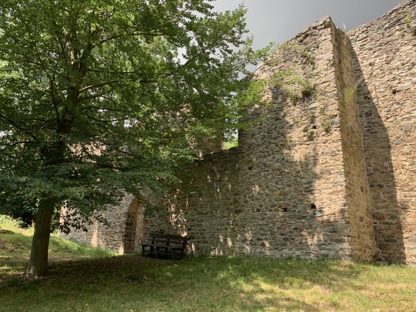 Groer Baum, links neben Steinmauer mit Sitzbank davor, zum Ausruhen