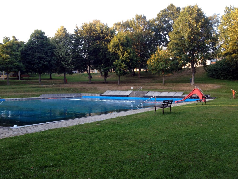 Schwimmbecken und groe Liegewiese mit Bumen