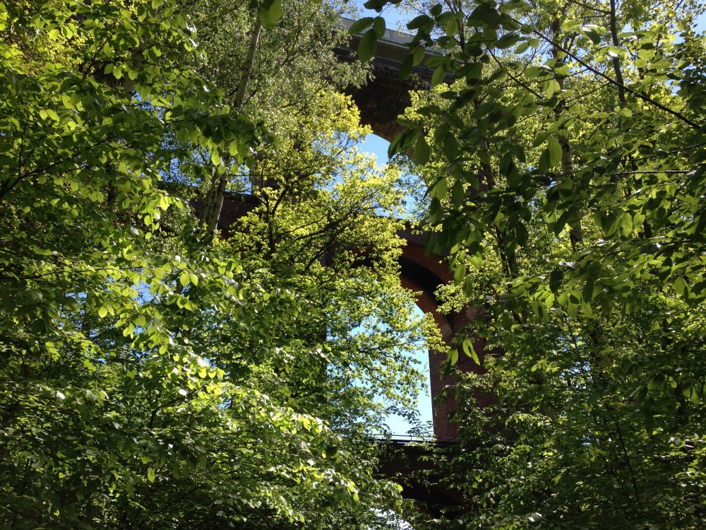 Blick von oben durch Bäume auf obere Torbögen der Göltzschtalbrücke