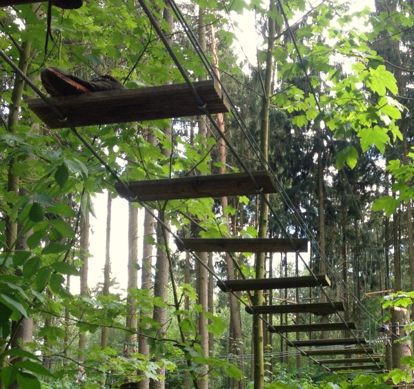 Bretter an Steilseilen die als Brcke dienen. Im Wald.