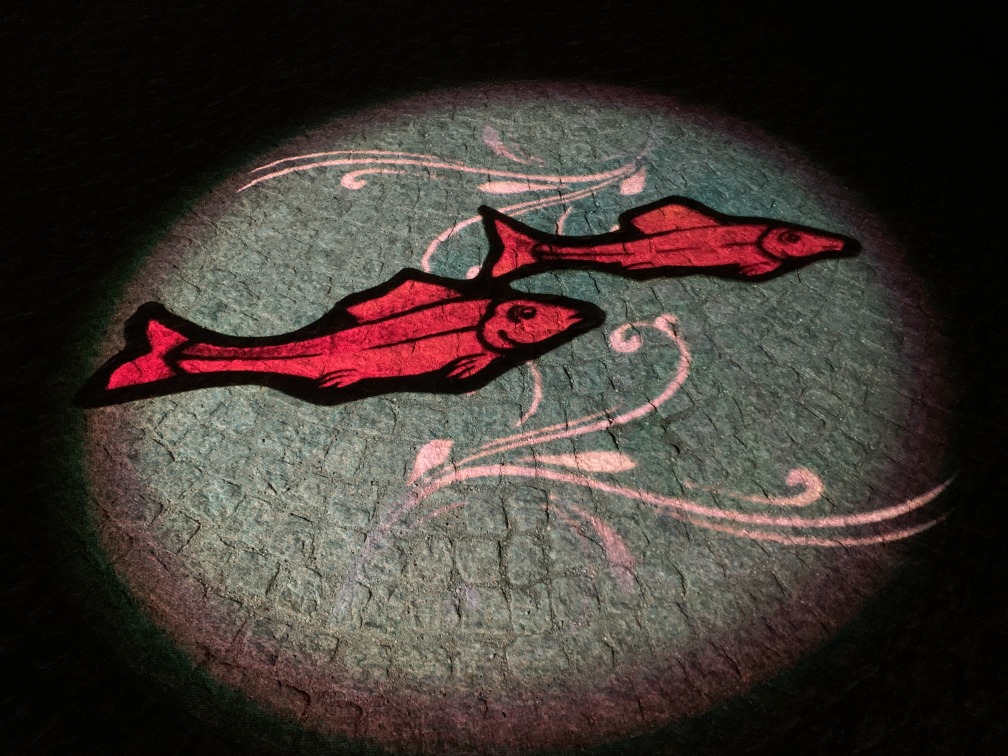 Leuchtbild auf dem Gehweg: Zwei rote Fische