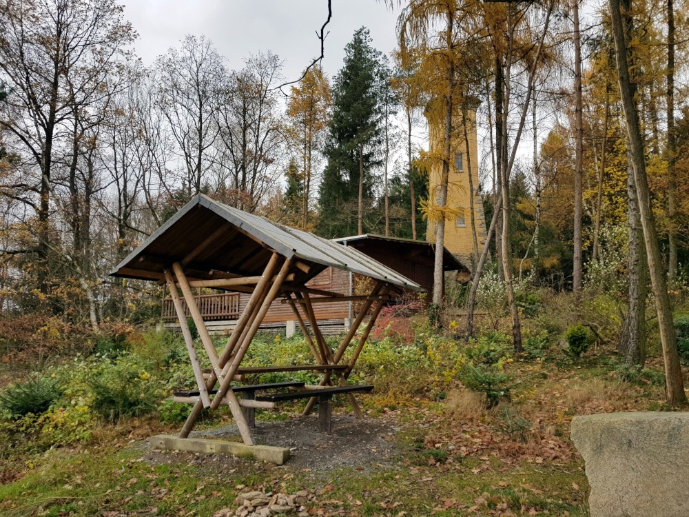 Raststtte mit Sitzgelegenheit aus Holz im Wald vor dem Perlaser Turm