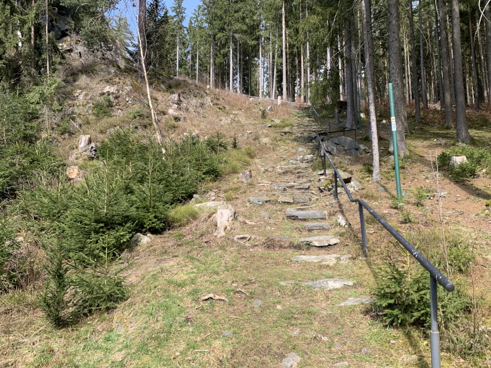 Treppenstugen aus Stein mit Gelnder im Wald fhren auf den Berg.