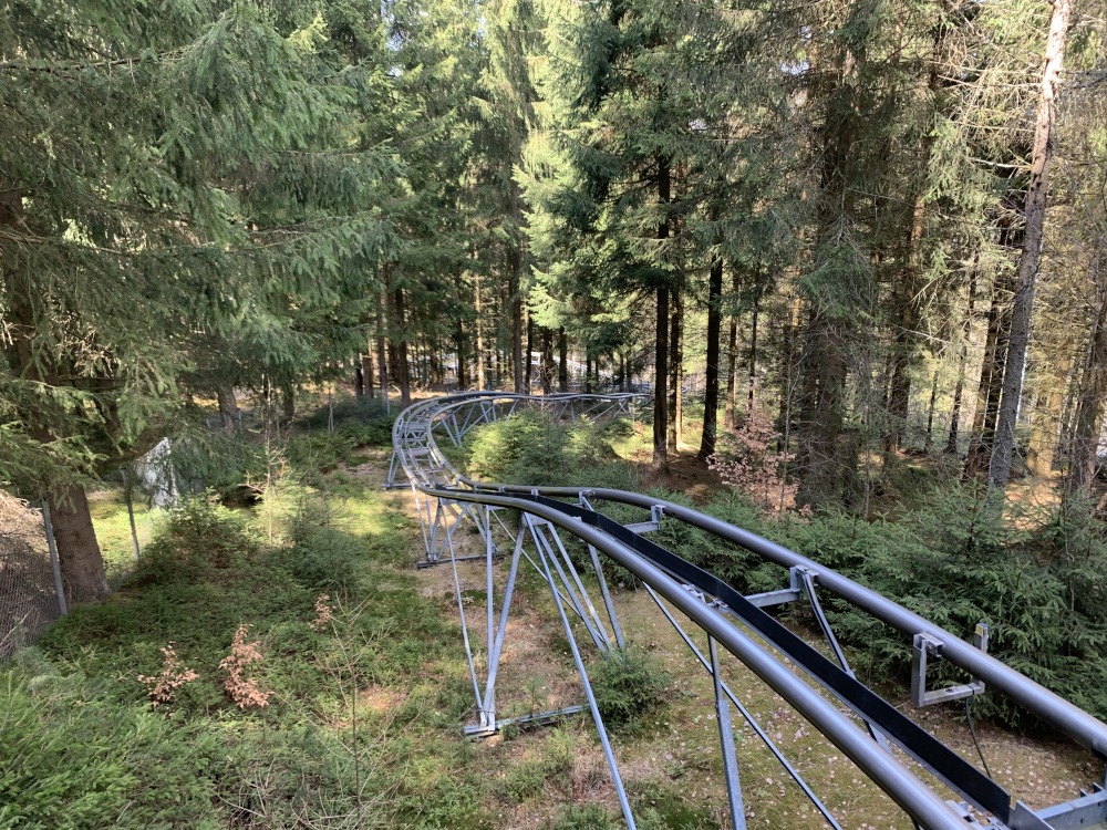 Nach unten durch den Wald verlaufende Schienenkonstruktion die in einer Rechtskurve mndet.