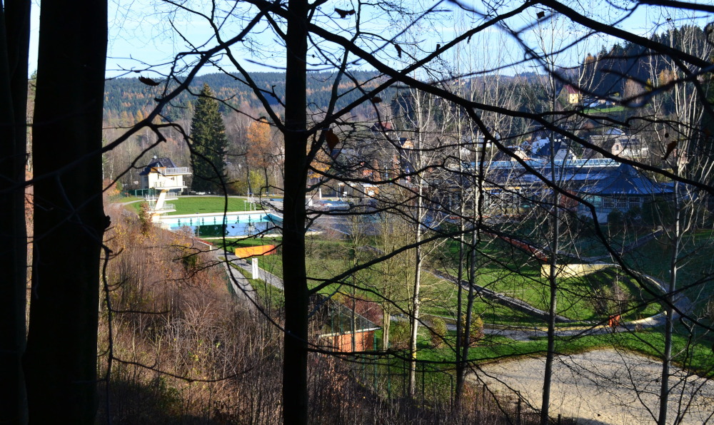 Sicht vom Wald auf das Waldbad Brunn