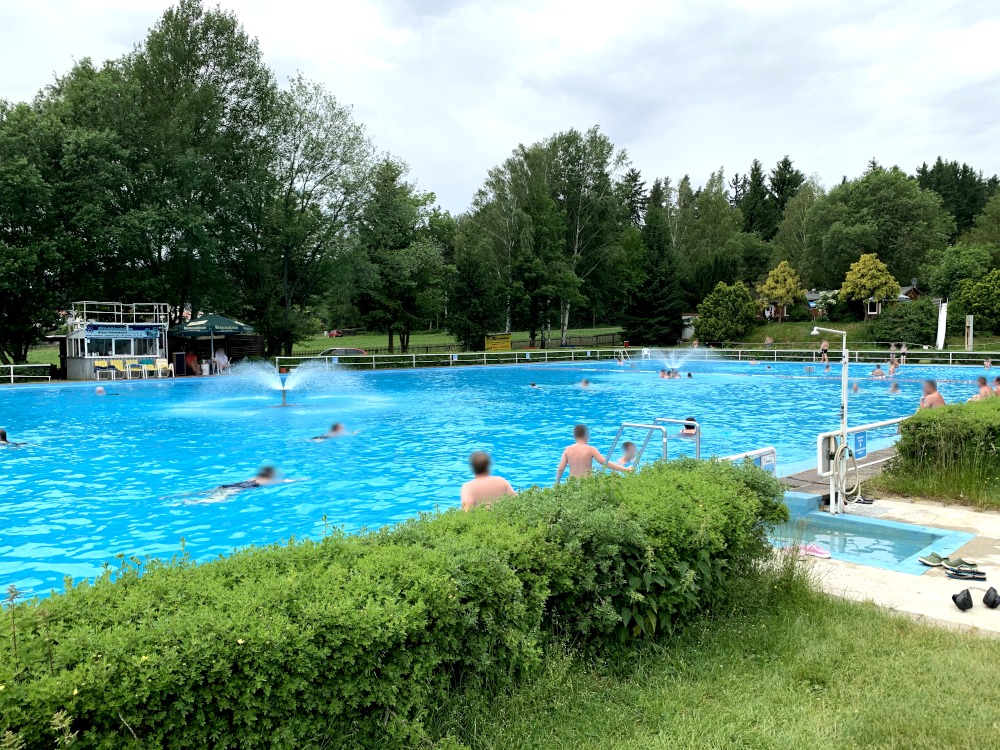 Hecke vor Schwimmbecken im Freien. Im Hintergrund Wald